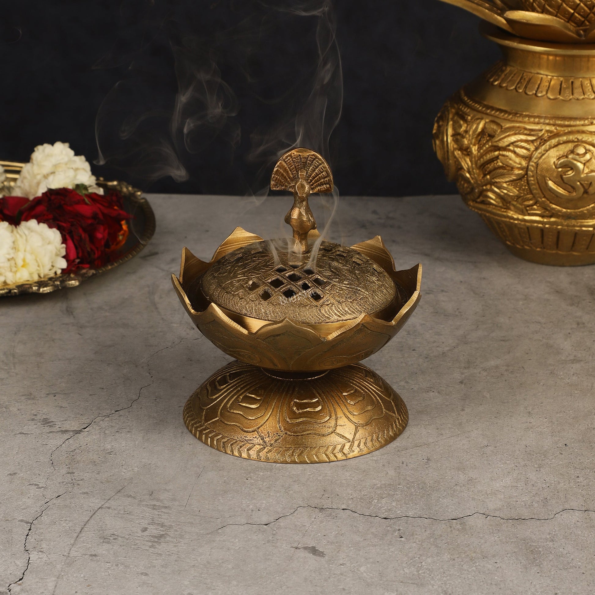Antique Tone Pure Brass Peacock Dhoop Daani 4" - Eco-friendly - Sama Homes