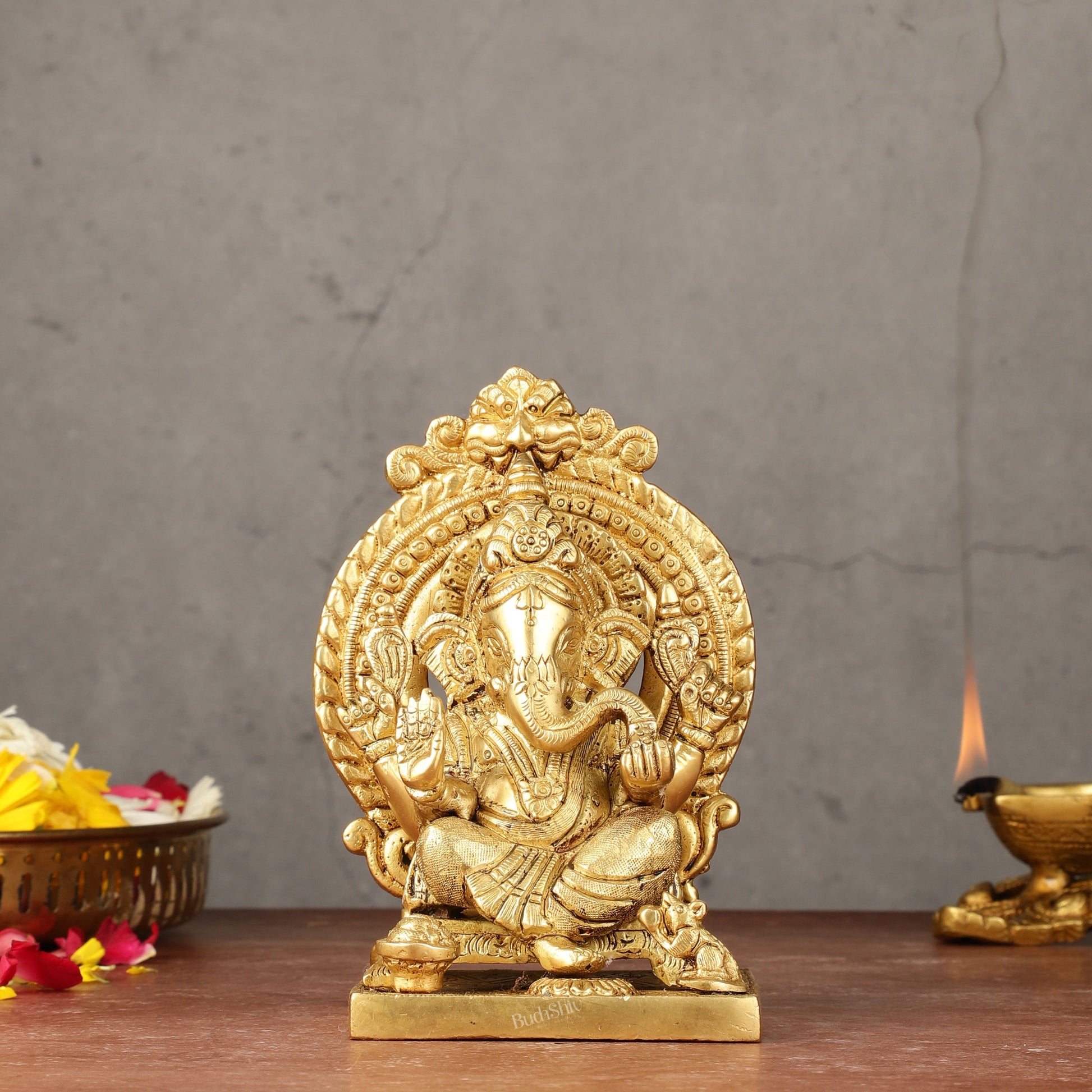 Brass Superfine Lord Ganesha idol with Thiruvarchi ( frame ) 6" - Sama Homes Idol - Brass Sculpture - Eco-friendly - Sama Homes