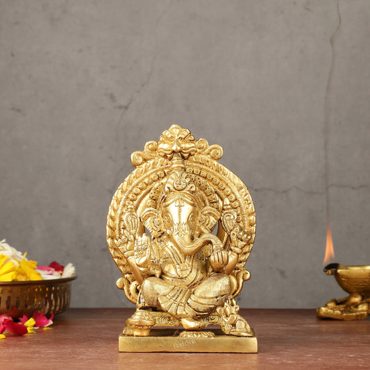 Brass Superfine Lord Ganesha idol with Thiruvarchi ( frame ) 6" - Sama Homes Idol - Brass Sculpture