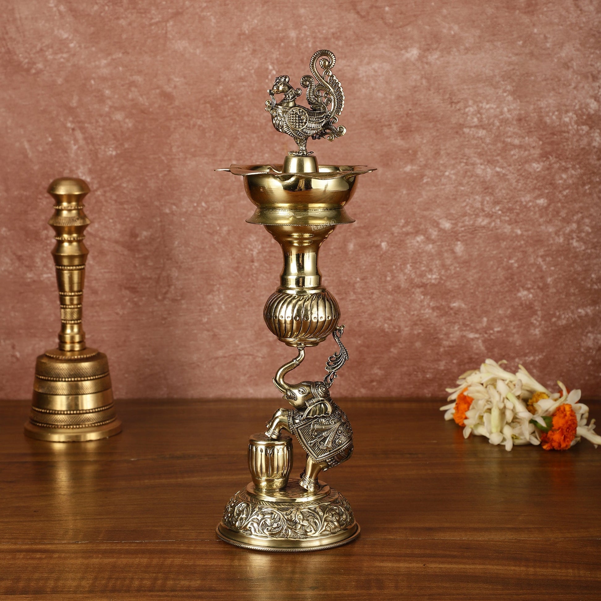 Brass Superfine Jumping Elephant Peacock Lamp - Intricately Handcrafted - 11.5" Tall - Eco-friendly - Sama Homes