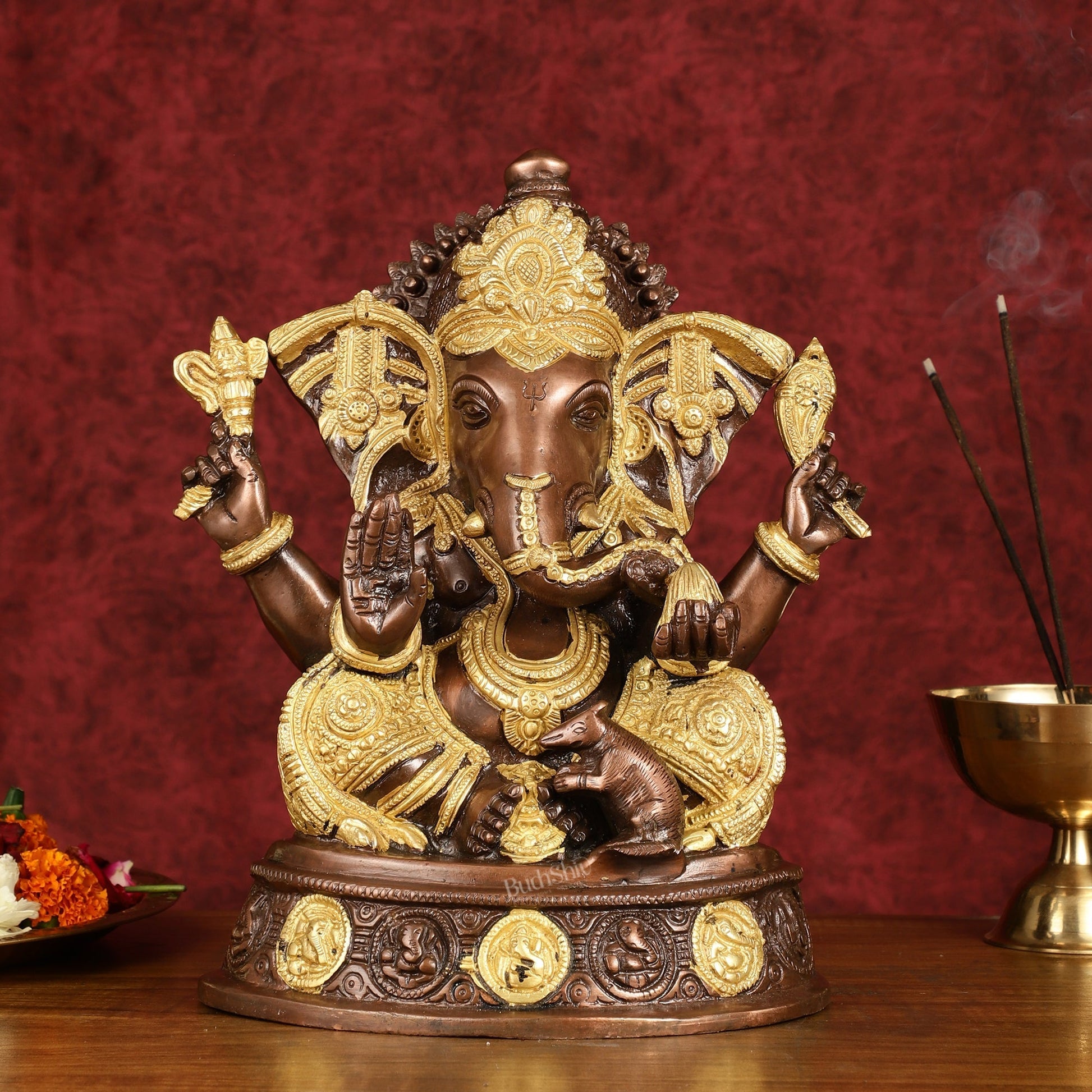Brass Ganesha Statue with Ashtavinayaka - 11 inch | 100% Certified Copper & Brass - Sama Homes Idol - Brass Sculpture - Eco-friendly - Sama Homes