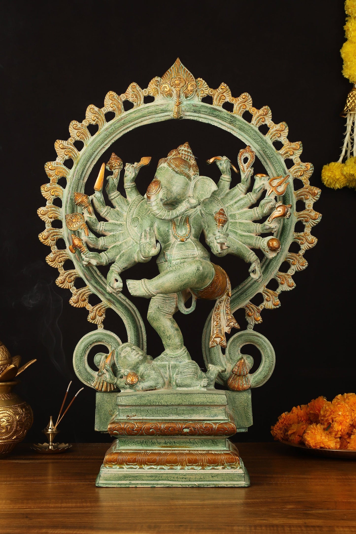 Brass Dancing Ganesha Statue - 25.5" Height, Antique Green Patina Finish | 100% Certified Copper & Brass - Sama Homes Idol - Brass Sculpture