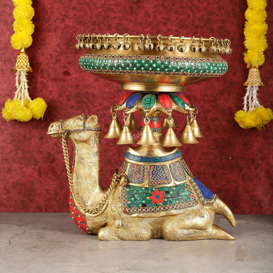 Pure Brass Urli on Camel's Back with Meenakari Stonework - 16 Inch – Sama Homes