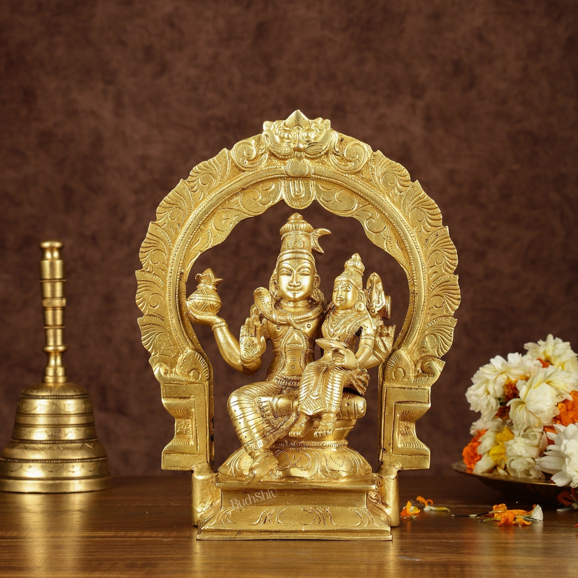 Brass Seated Shiva Parvati Idol with Frame | 10 inch | 100% Certified Copper & Brass - Sama Homes Idol - Brass Sculpture - Eco-friendly - Sama Homes