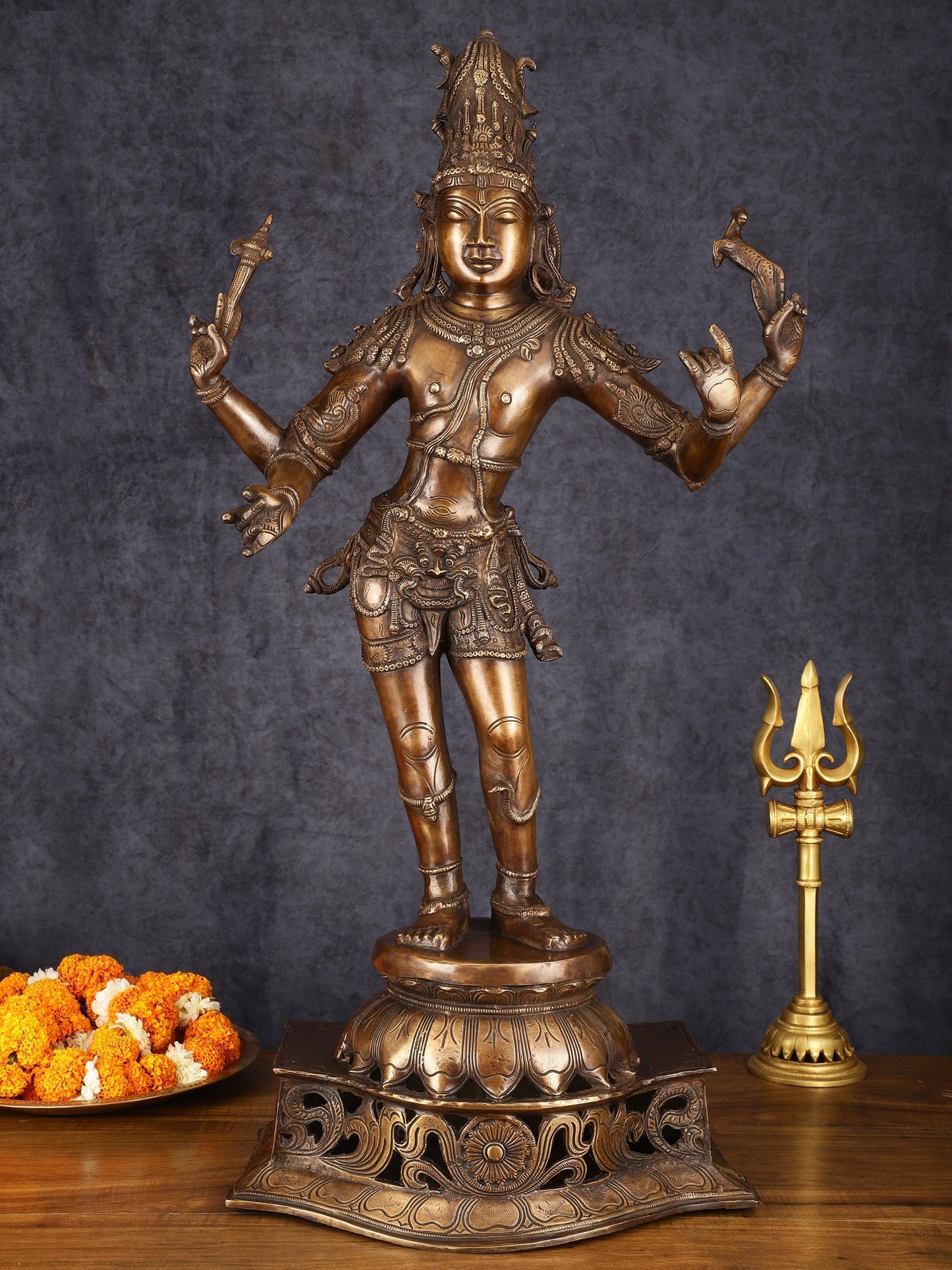 Antique Brass Handcrafted Standing Shiva as Pashupatinath Sculpture - Chola Style, 31.5" | 100% Certified Copper & Brass - Sama Homes Idol - Brass Sculpture