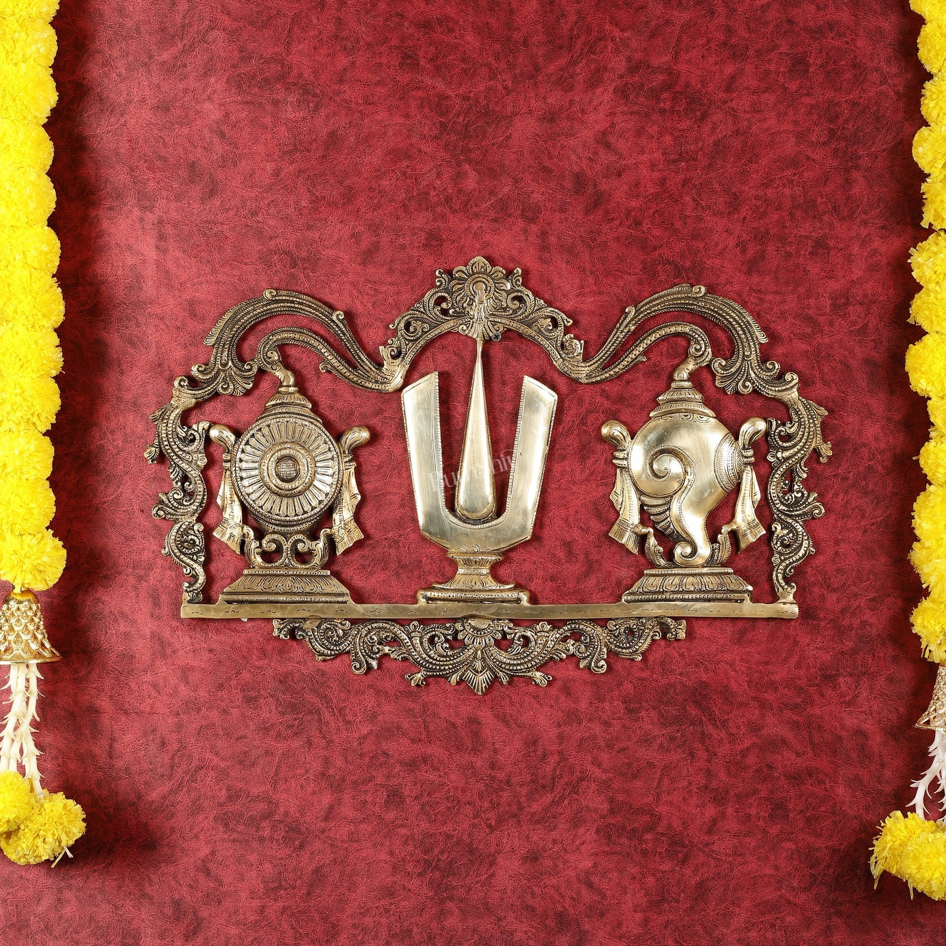 Large Brass Shankh Chakra Namah Wall Hanging - 21.5 inch - Sama Homes Idol - Brass Sculpture - Eco-friendly - Sama Homes