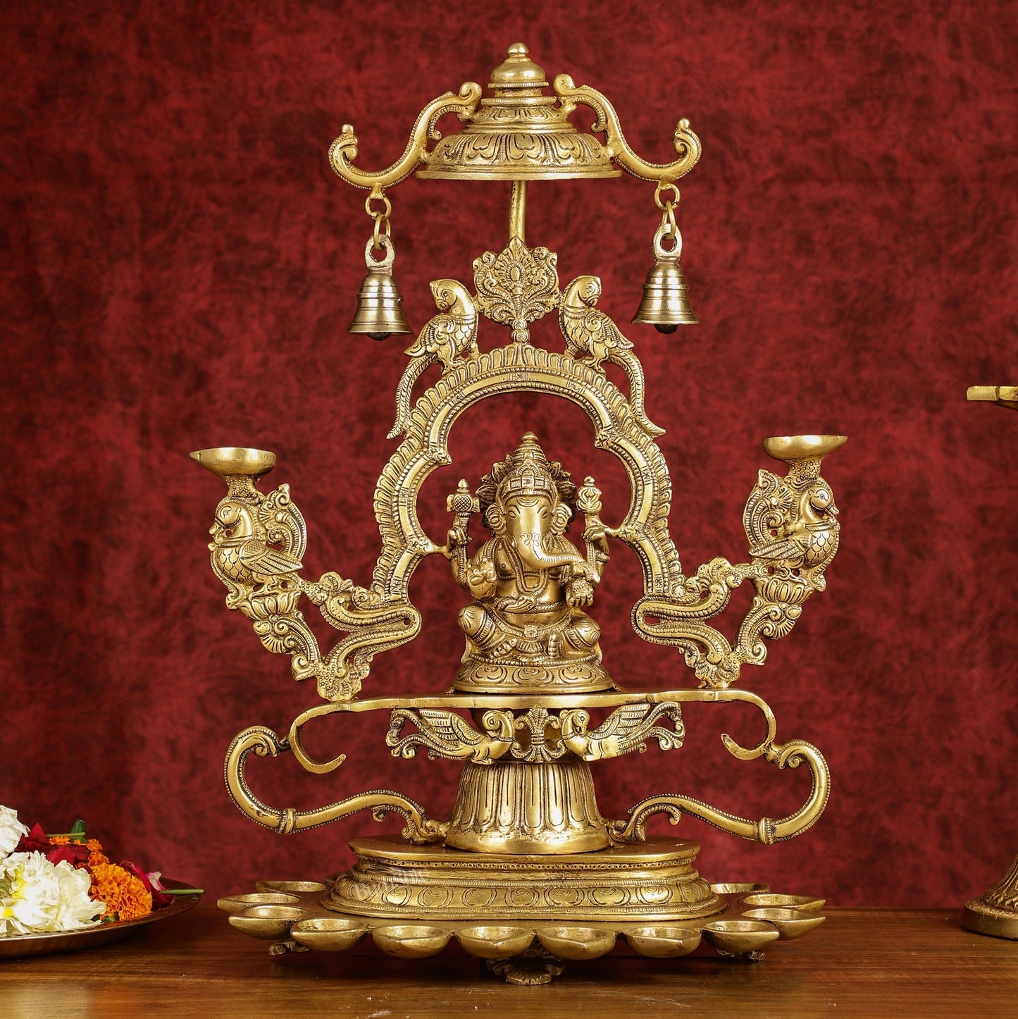 Pure Brass Lord Ganesha with multiple diyas oil lamps large - Sama Homes Idol - Brass Sculpture