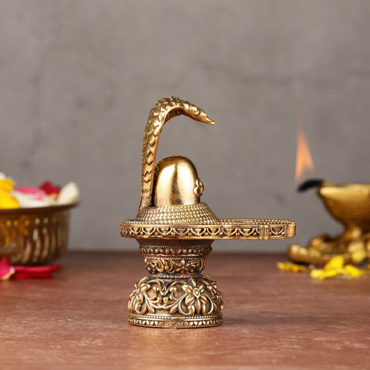 Intricate Small Lightweight Brass Shivling - 3.5-inch - Sama Homes Idol - Brass Sculpture