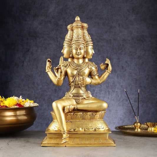 Pure Brass Seated Lord Brahma Sculpture - 16 inch - Sama Homes Idol - Brass Sculpture