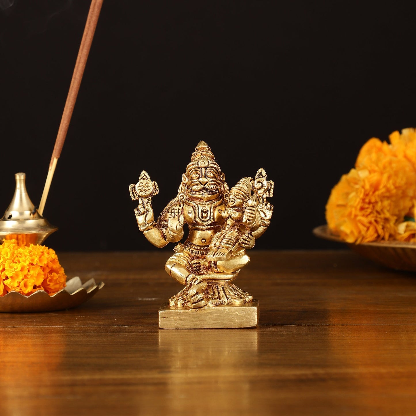 Brass Superfine Narsimha Lakshmi Small Idol - 3" Divine Sculpture - Sama Homes Idol - Brass Sculpture