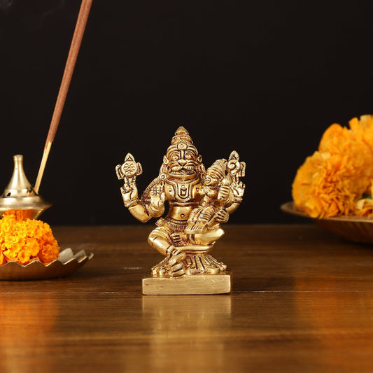 Brass Superfine Narsimha Lakshmi Small Idol - 3" Divine Sculpture - Sama Homes Idol - Brass Sculpture