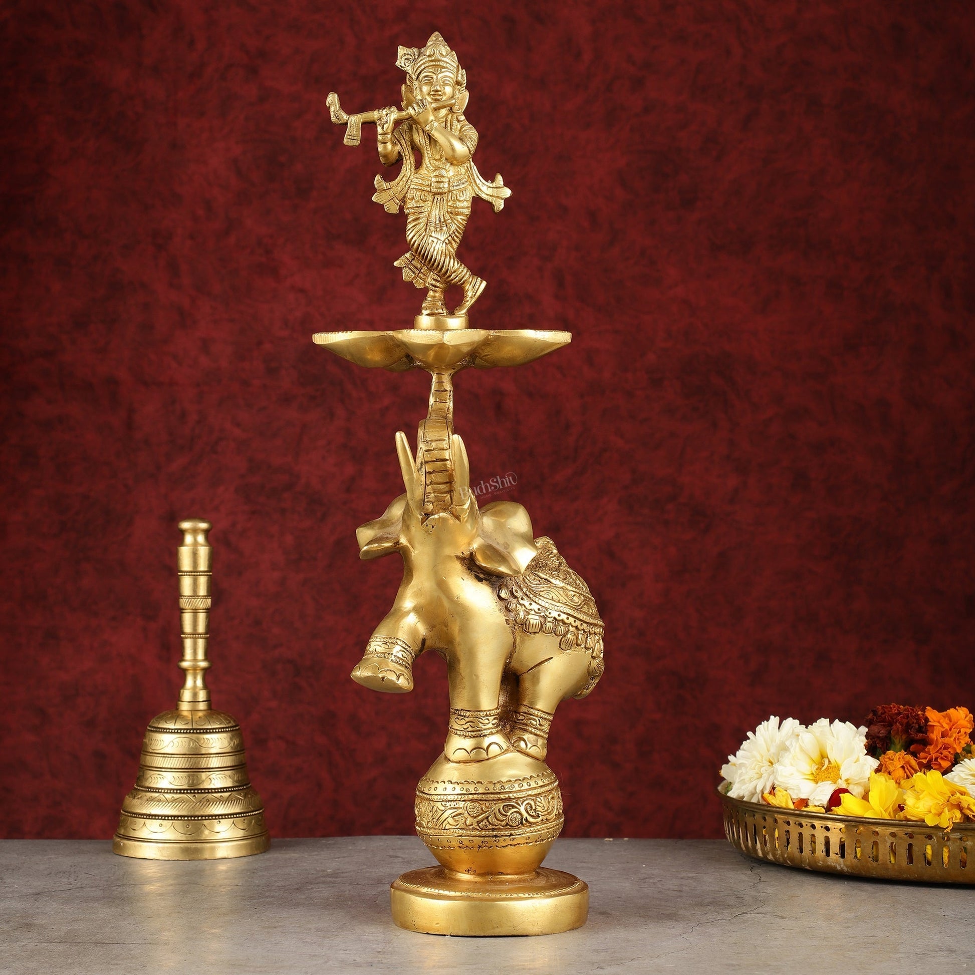 Pure Brass Superfine Krishna on jumping Elephant Oil Lamp/Vilakku - 16" - Sama Homes Idol - Brass Sculpture - Eco-friendly - Sama Homes