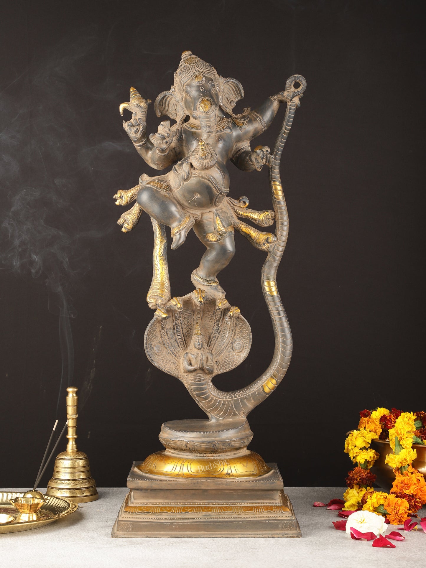 Brass Ganapathi Dancing on Snake 26" | 100% Certified Copper & Brass - Sama Homes Idol - Brass Sculpture