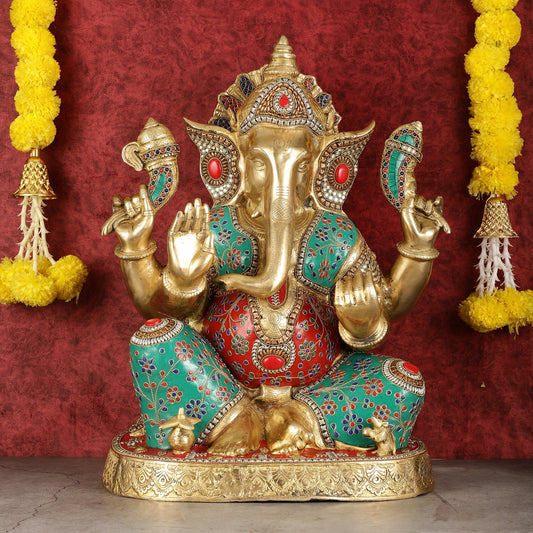 Pure Brass Right-Side Trunk Ganapati Statue - 22-Inch - Sama Homes Idol - Brass Sculpture