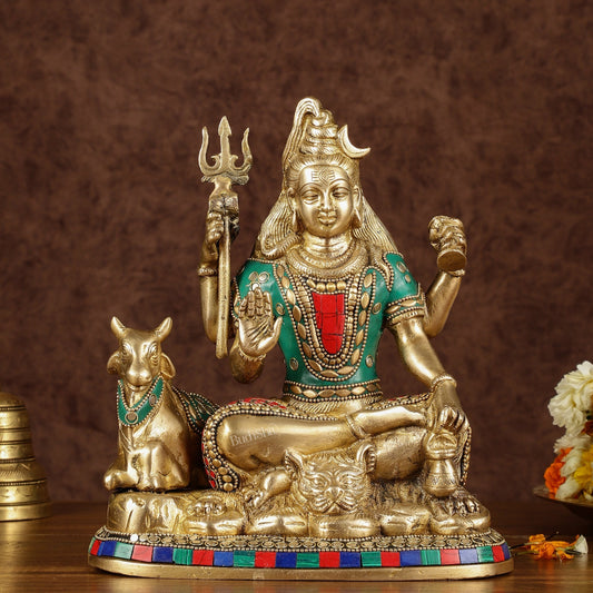 Brass Shiva statue with nandi 9 " meenakari | 100% Certified Copper & Brass - Sama Homes Idol - Brass Sculpture