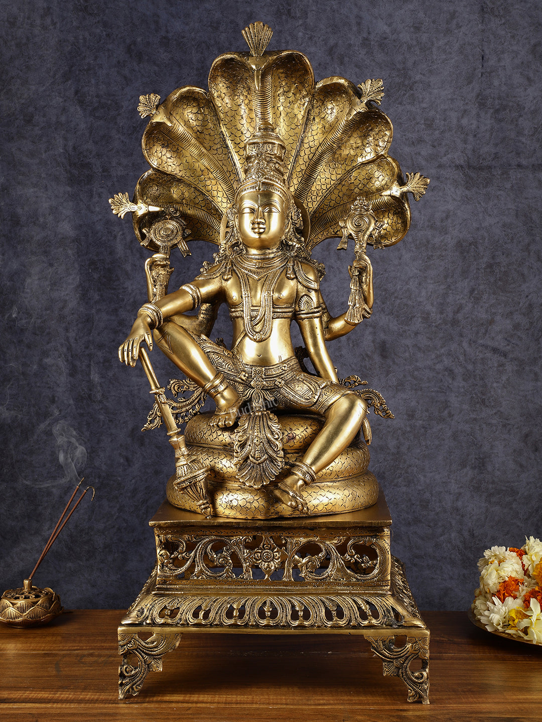 Brass large sitting Lord Vishnu Sculpture | 28 inch | 100% Certified Copper & Brass - Sama Homes Idol - Brass Sculpture
