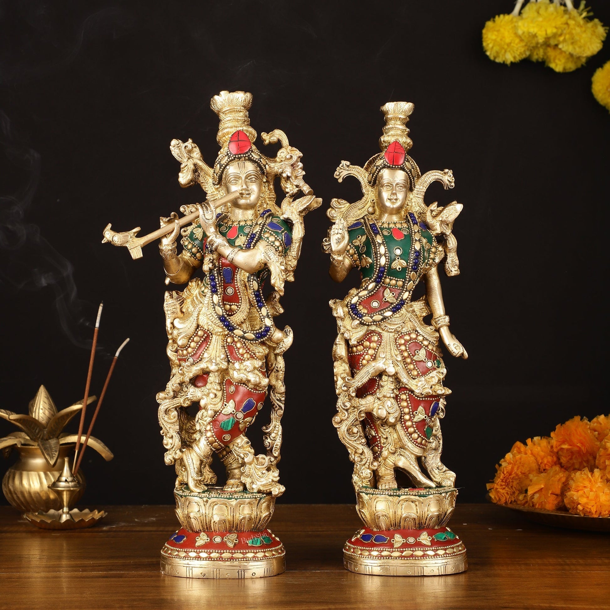 Brass Radha Krishna Statues - 14" Handcrafted with Natural Stones | 100% Certified Copper & Brass - Sama Homes Idol - Brass Sculpture - Eco-friendly - Sama Homes