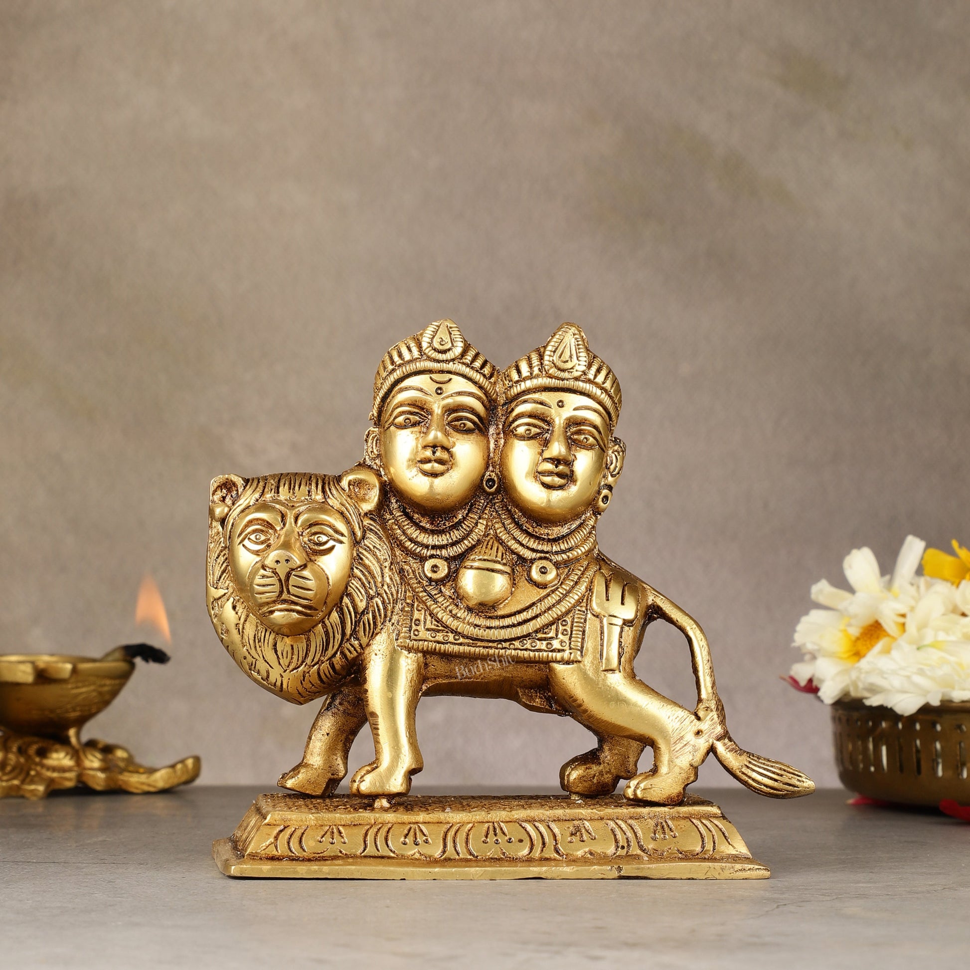 Goddess Chamunda Brass Idol: 5.5 inch - Sama Homes Idol - Brass Sculpture - Eco-friendly - Sama Homes