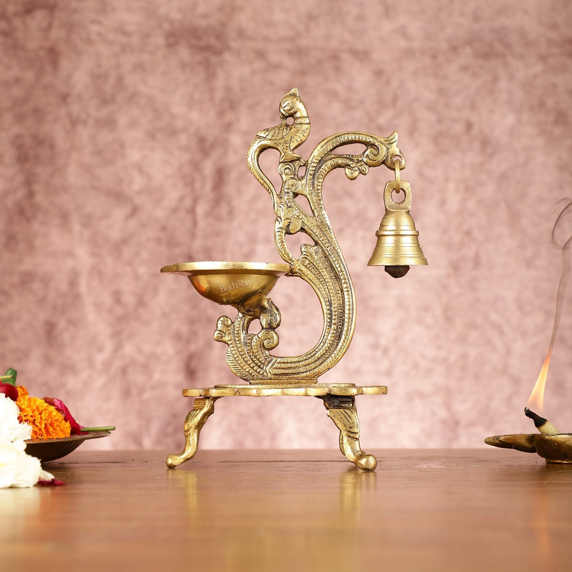 Brass parrot lamp with bell enhanced carvings - Eco-friendly - Sama Homes