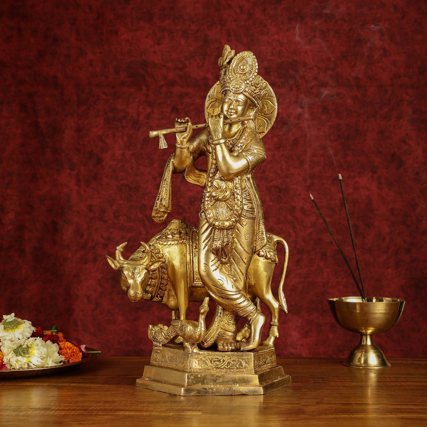 Brass Lord Krishna with Cow and Peacock | 16.5" Height | 100% Certified Copper & Brass - Sama Homes Idol - Brass Sculpture