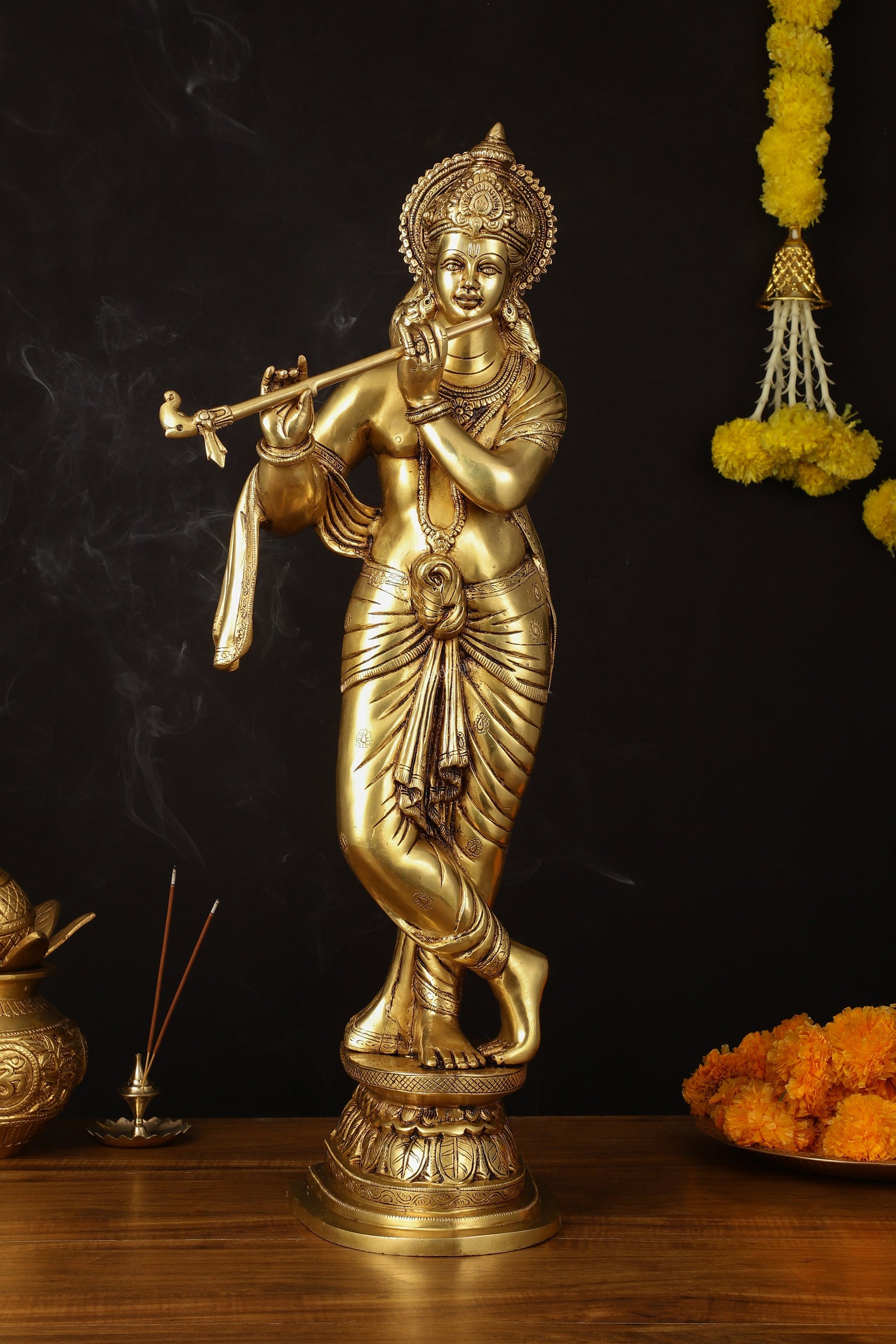 Brass Superfine Lord Krishna Sculpture - 26.5" - Sama Homes Idol - Brass Sculpture - Eco-friendly - Sama Homes