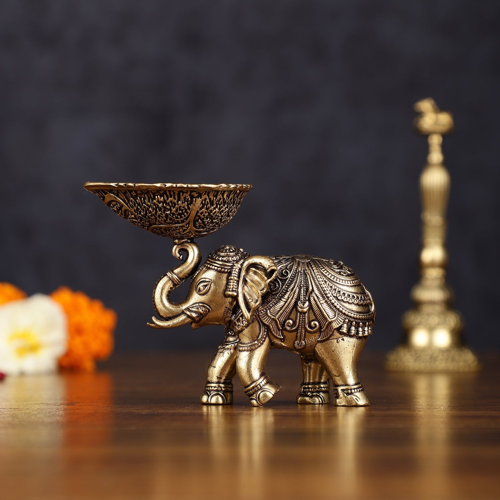 Pure Brass Intricately Carved Small Elephant Oil Lamp diya 3" - Sama Homes Idol - Brass Sculpture - Eco-friendly - Sama Homes