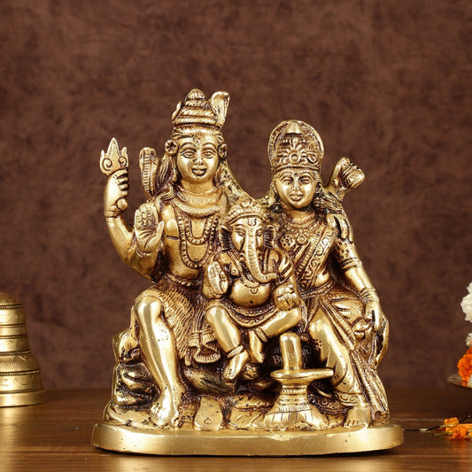 Brass Shiv Parivar Idol with Shiv Parvati, Ganesha, and Shiv Ling | Height: 8 inch | 100% Certified Copper & Brass - Sama Homes Idol - Brass Sculpture