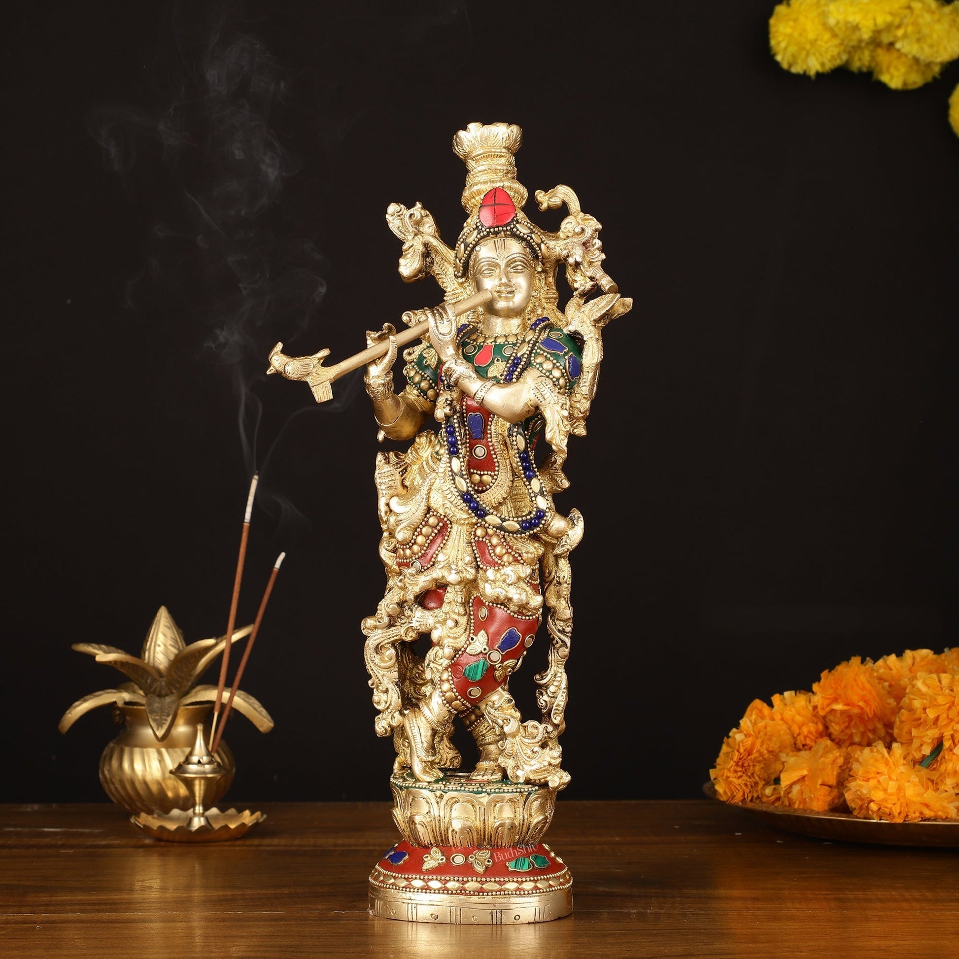 Brass Krishna Statue - 14" Handcrafted with Natural Stones | 100% Certified Copper & Brass - Sama Homes Idol - Brass Sculpture - Eco-friendly - Sama Homes