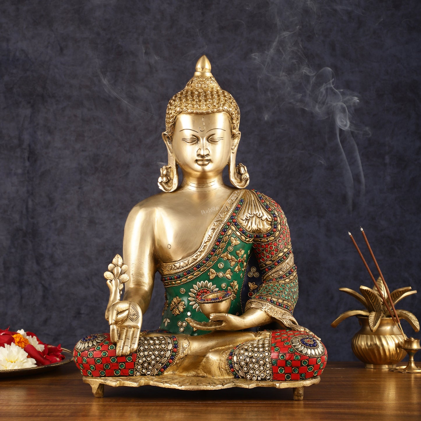Pure Brass Buddha Statue with Meenakari Work 16 inch - Sama Homes Idol - Brass Sculpture