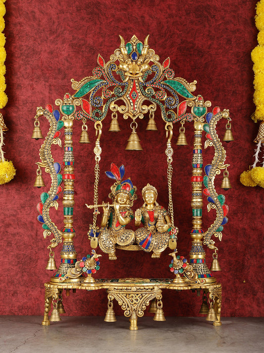 Pure Brass Large Radha Krishna Swing Jhoola with Meenakari Work - 30" - Sama Homes Idol - Brass Sculpture