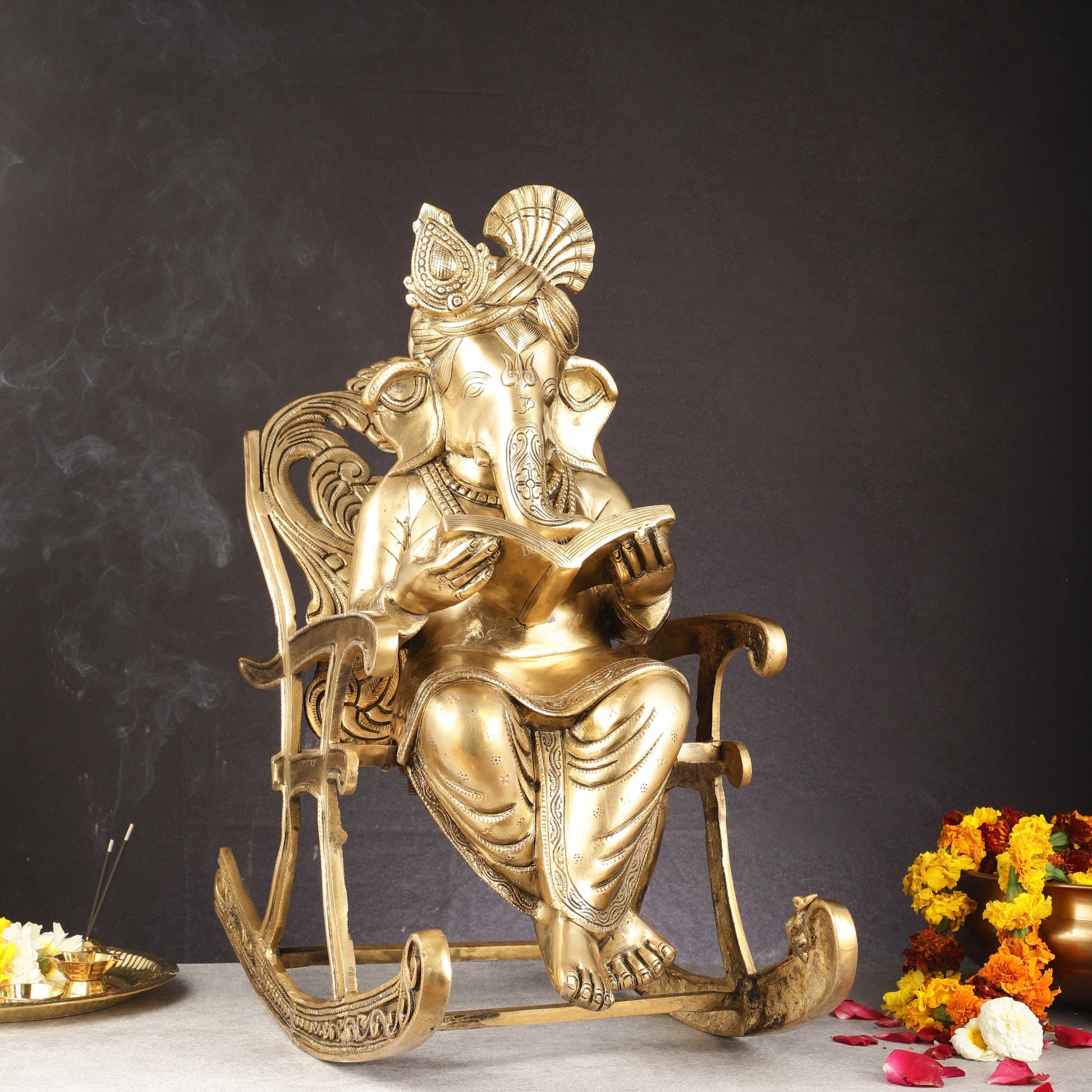 Pure Brass Large Sized Ganapati Seated on Chair Reading Book | 24" - Sama Homes Idol - Brass Sculpture - Eco-friendly - Sama Homes