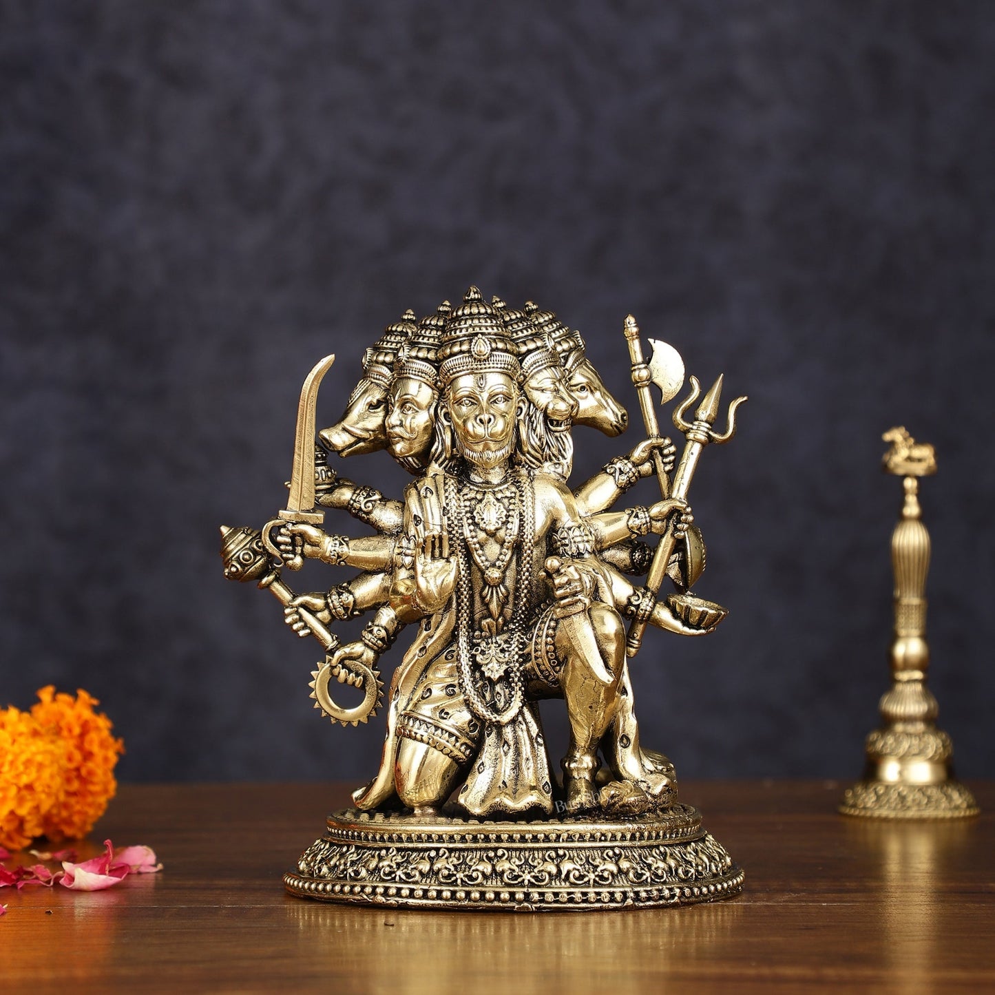 Intricate Superfine Brass Panchmukhi Hanuman Idol - 6" Tall - Sama Homes Idol - Brass Sculpture