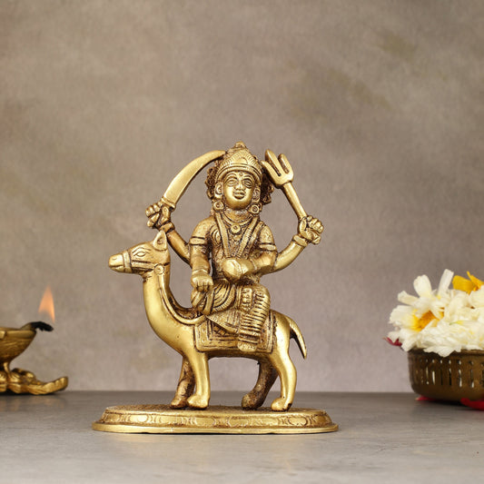 Pure Brass Dasama Momoi Mata Seated on Camel Idol 5.5 inch - Sama Homes Idol - Brass Sculpture