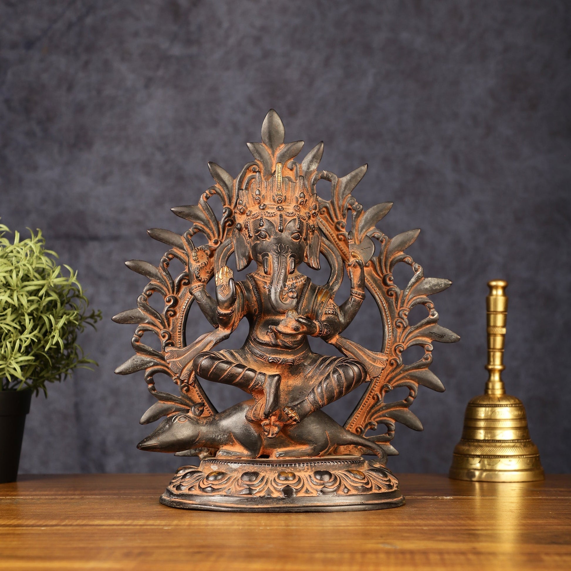 Pure Brass Tibetan Form of Ganapati Seated on Mouse Antique Patina 13" - Sama Homes Idol - Brass Sculpture - Eco-friendly - Sama Homes