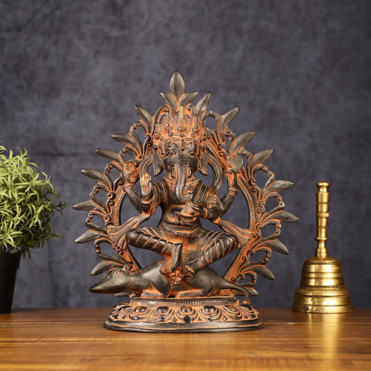 Pure Brass Tibetan Form of Ganapati Seated on Mouse Antique Patina 13" - Sama Homes Idol - Brass Sculpture