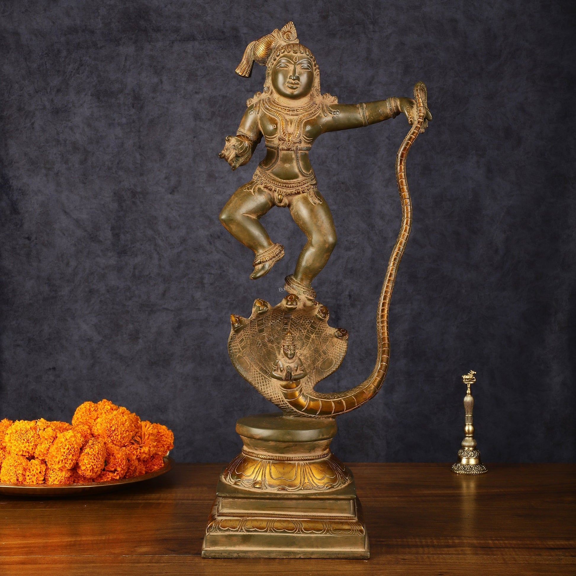 Pure Brass Vintage Kalinga Narthana Krishna Idol - 18 Inch - Sama Homes Idol - Brass Sculpture - Eco-friendly - Sama Homes