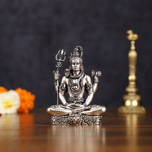 Pure Brass Superfine Silver Plated Lord Shiva in Meditation Idol - 3" Tall - Sama Homes Idol - Brass Sculpture