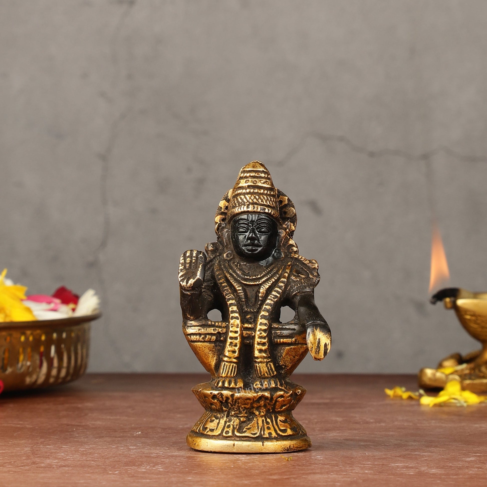 Pure brass small Ayyappa swamy idol black 4 inch - Sama Homes Idol - Brass Sculpture - Eco-friendly - Sama Homes