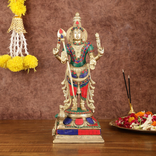 Pure Brass Kartikeya Murugan Swamy Statue with Stonework - 14" - Sama Homes Idol - Brass Sculpture