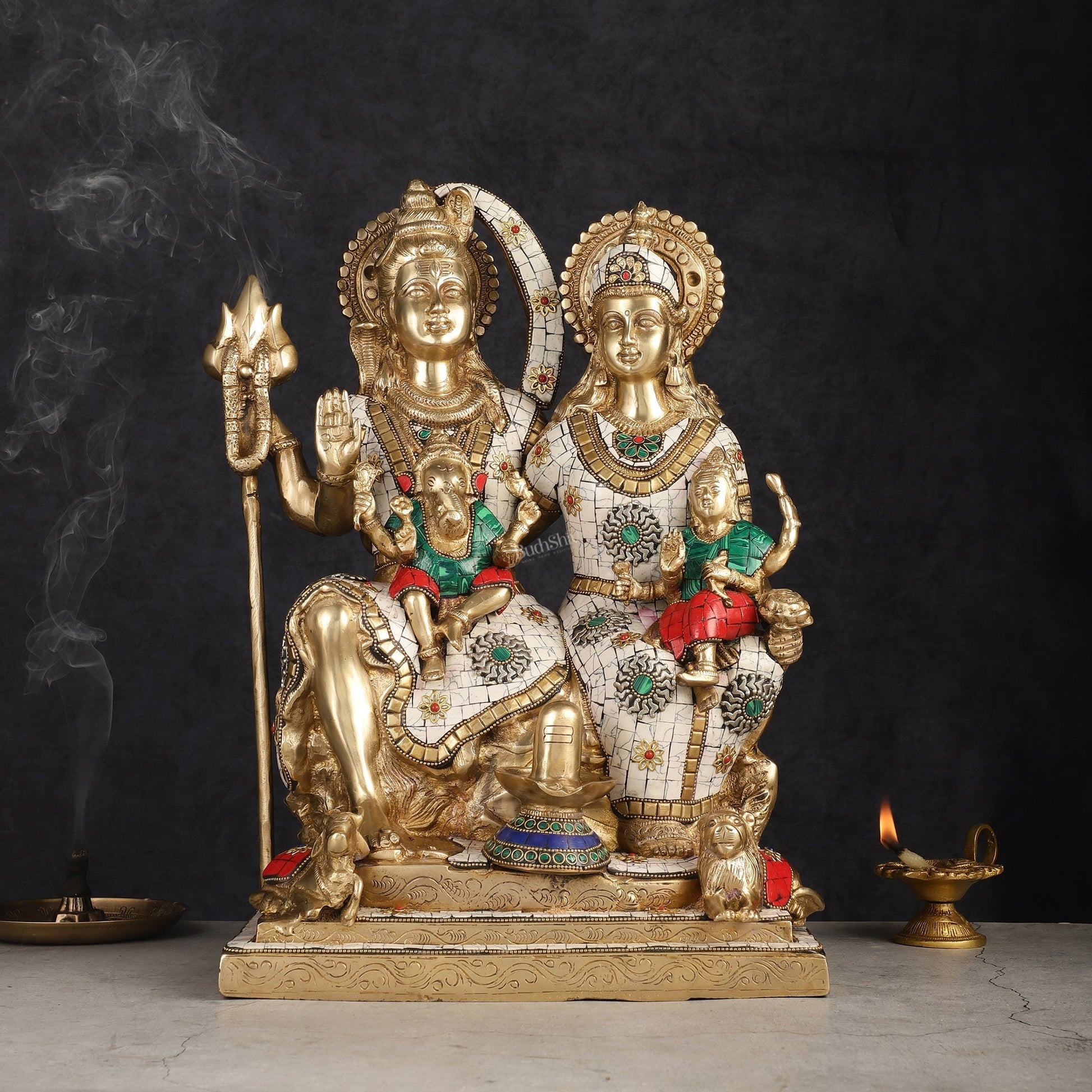 Handcrafted Brass Lord Shiva Family Statue - Meenakari | 18" Height - Sama Homes Idol - Brass Sculpture - Eco-friendly - Sama Homes