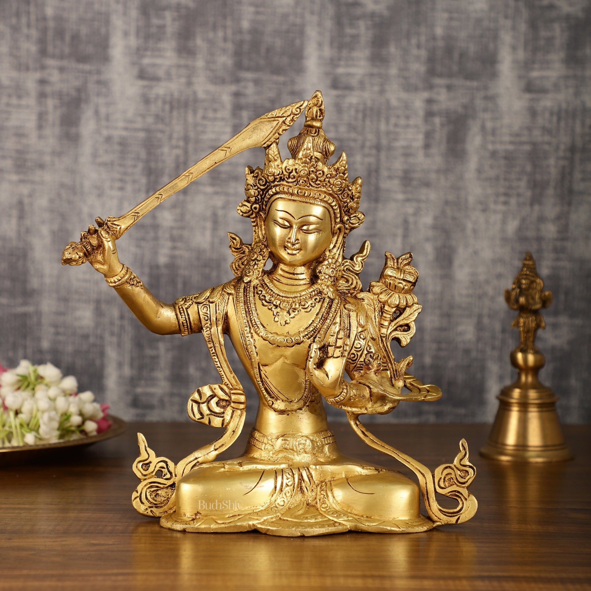 Brass Buddhist Deity Manjushri Statue | 10 Inch Height | 3 KG | 100% Certified Copper & Brass - Sama Homes Idol - Brass Sculpture - Eco-friendly - Sama Homes