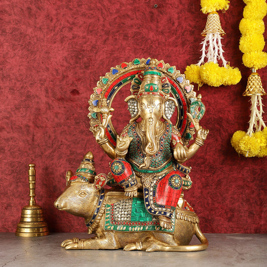 Ganapati sitting on large mouse brass statue 16" - Sama Homes Idol - Brass Sculpture
