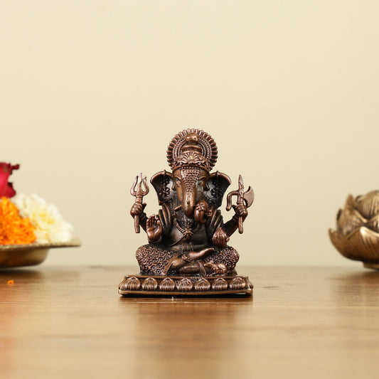 Pure Copper Dagduseth Ganapati Idol - 3.5" - Sama Homes Idol - Brass Sculpture