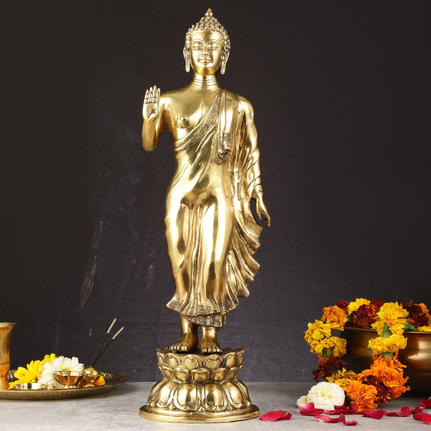 Brass Standing Buddha Statue | 21.5" | 100% Certified Copper & Brass - Sama Homes Idol - Brass Sculpture