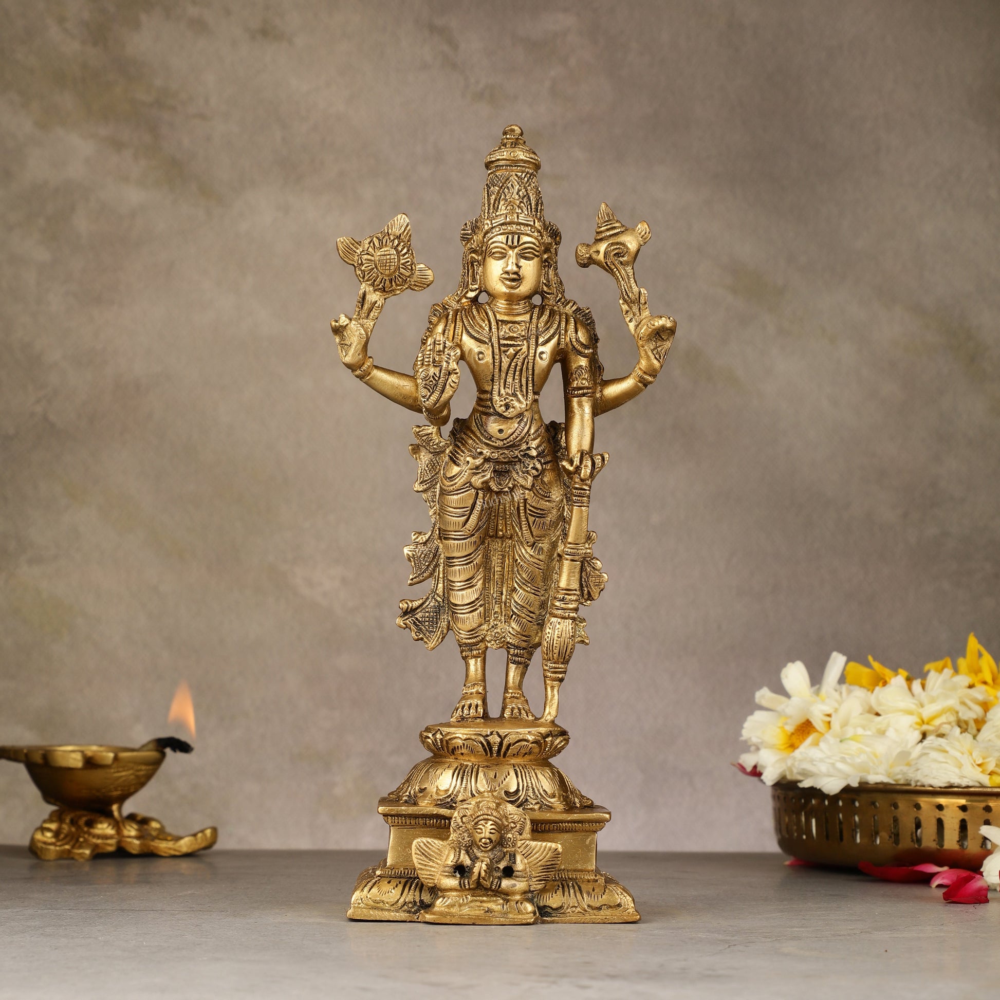 Divine Pure Brass Superfine Lord Vishnu Standing with Garuda Idol 9 inch - Sama Homes Idol - Brass Sculpture - Eco-friendly - Sama Homes