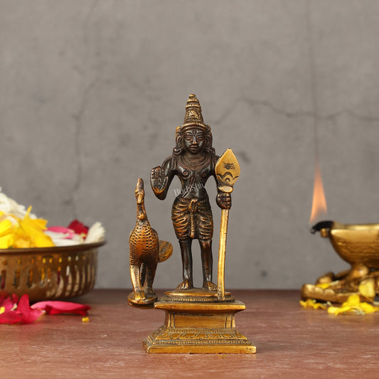 Pure brass small Murugan Kartikeya idol black 5.5 inch - Sama Homes Idol - Brass Sculpture