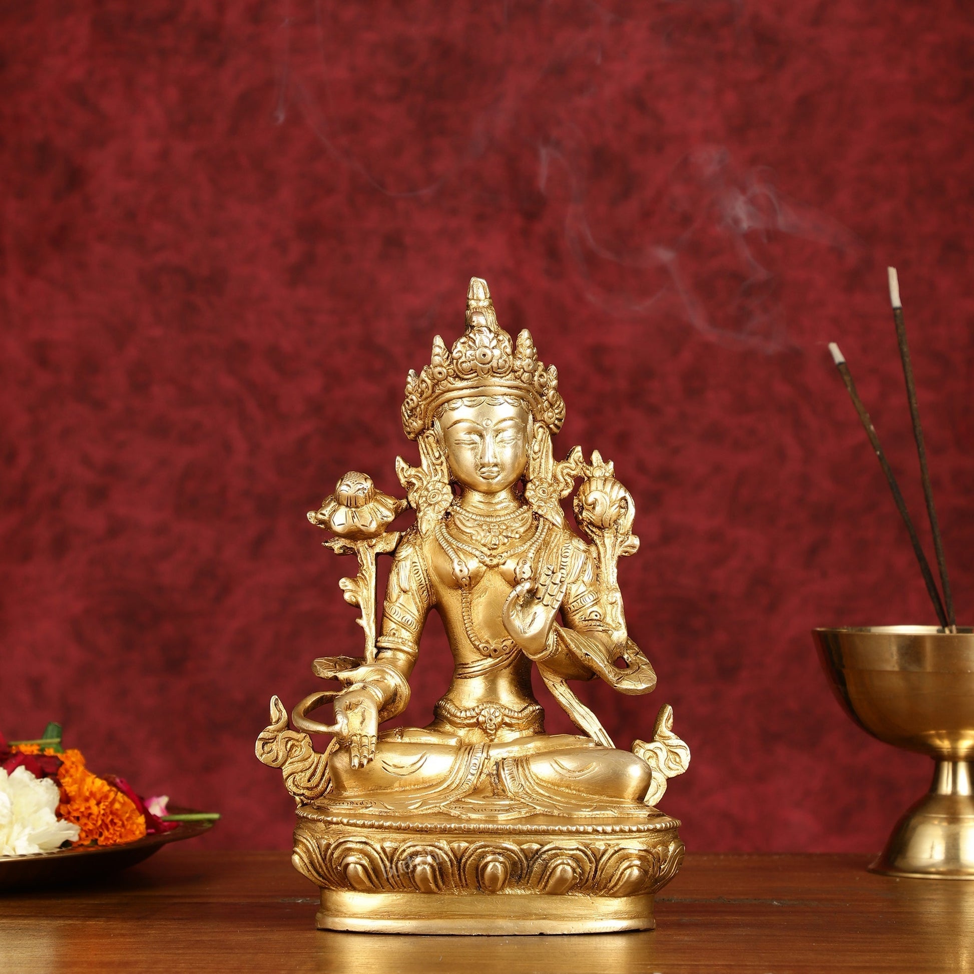 Sacred Pure Brass white Tara Devi Idol - Handcrafted Sculpture 8" - Sama Homes Idol - Brass Sculpture - Eco-friendly - Sama Homes