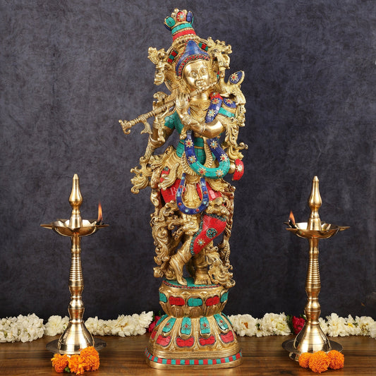 Brass Krishna Idol 30 inch meenakari | 100% Certified Copper & Brass - Sama Homes Idol - Brass Sculpture