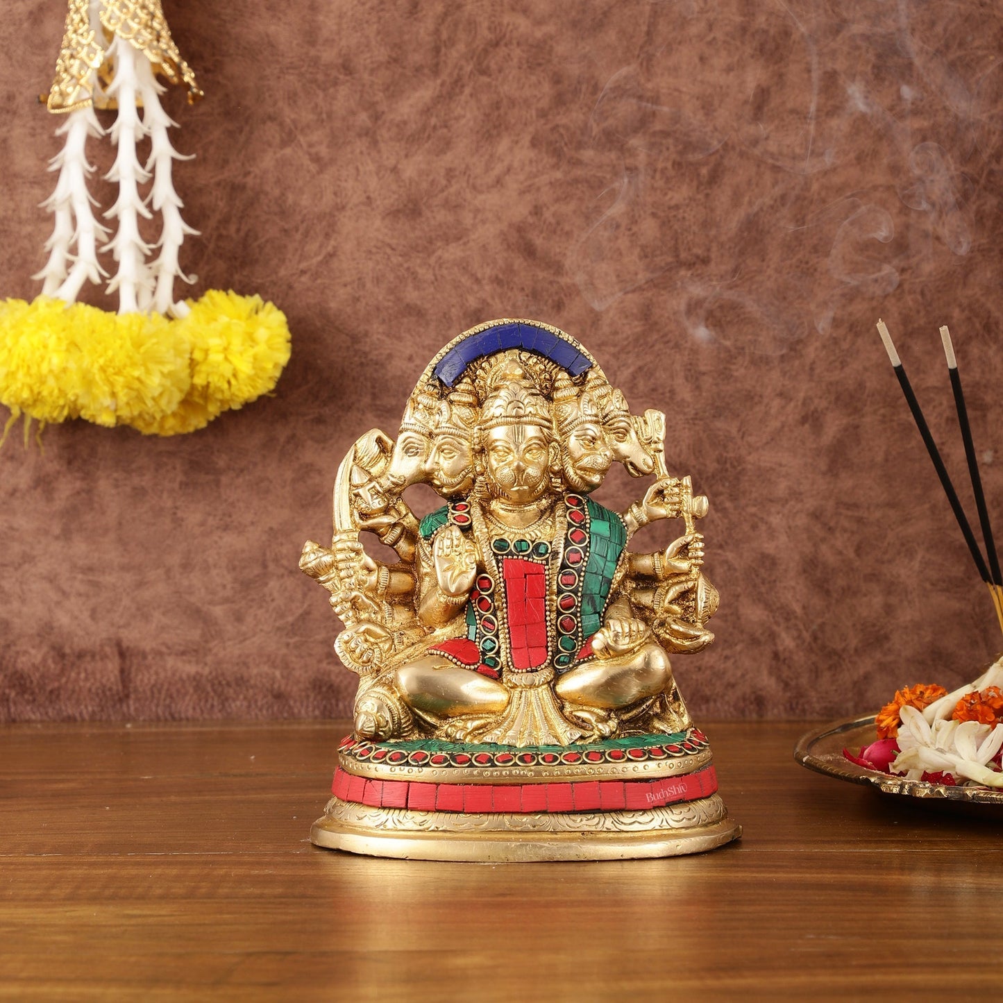 Superfine Brass Panchmukhi Hanuman Murti - 6.50" Tall with Stonework - Sama Homes Idol - Brass Sculpture