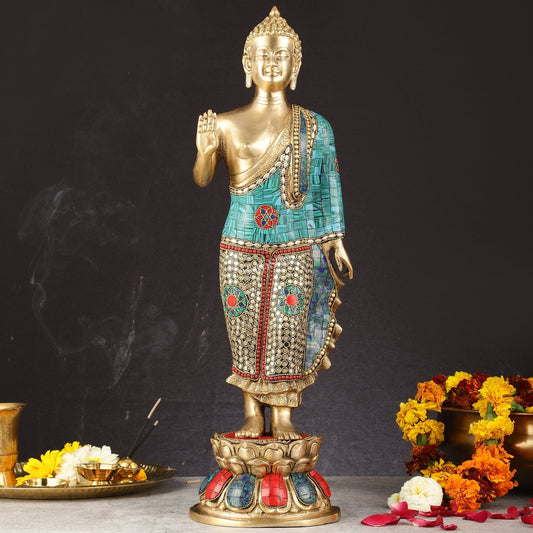Brass Standing Buddha Statue with stonework | 21.5" | 100% Certified Copper & Brass - Sama Homes Idol - Brass Sculpture